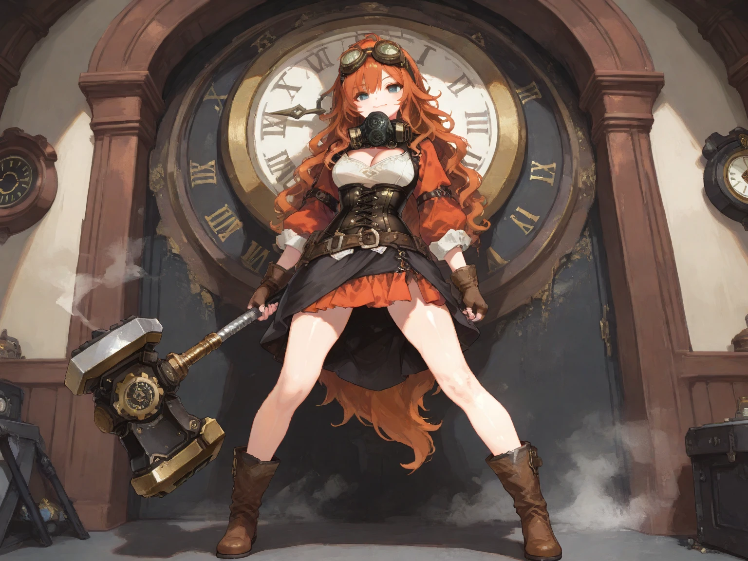 pixel art:1.35, fantasy artwok:1.2, sfw:1.3, (full body, standing, , smile close mouth), 1girl, wavy Hair:1.2, longeyelashes, fluffy long eyebrows:1.2, Thighs:0.8, Cleavage, (steam punk dress:1.2, (Holding, Clock-shaped hammer:1.2, clock:1.3), wearing a leather corset, belt, pouches, goggles, fingerless gloves, and a gas mask around her neck),  BREAK, (Skirt hem, Flared Skirt:1.1, fluttering, shin), BREAK, BREAK, ((masterpiece, best quality, amazing quality, hyper-detailed)), (absurd, very aesthetic:1.2), (hyper-detailed background, lighting), dynamic pose:1.3, from front, (back ground, gear room:1.2, gear:1.3, gold)