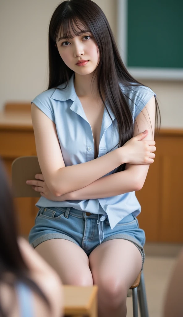 VEEN:she is a student.she is proud of her natural breasts and puffyNipples, and loves to present them to public.Best quality, masterpiece, ultra high res, (photorealistic:1.5),detailed skin,more slender and thin body,,baby face,more realistic skin,(small titts:1.5),deep chest,(S-shape body:0),tt_mosquito:0.9,puffy_nipples,dark nipples,(small hip),big head , {model intro},HI.. my name is VEEN ,I am a skinny17 year old girl with long hair,I'm studying in a university.((what a slim and fragile girl she is !!!)),medium ,slenderness,thin , slender body,cheerful smile ,Wears (topless,nipple),black skirt,belt,clenched teeth,cinemagraph ,detailed background :standing in a modern airy library at modern building),holding an leather bound book on chest, rows of tall bookshelves ),portrait,big smile