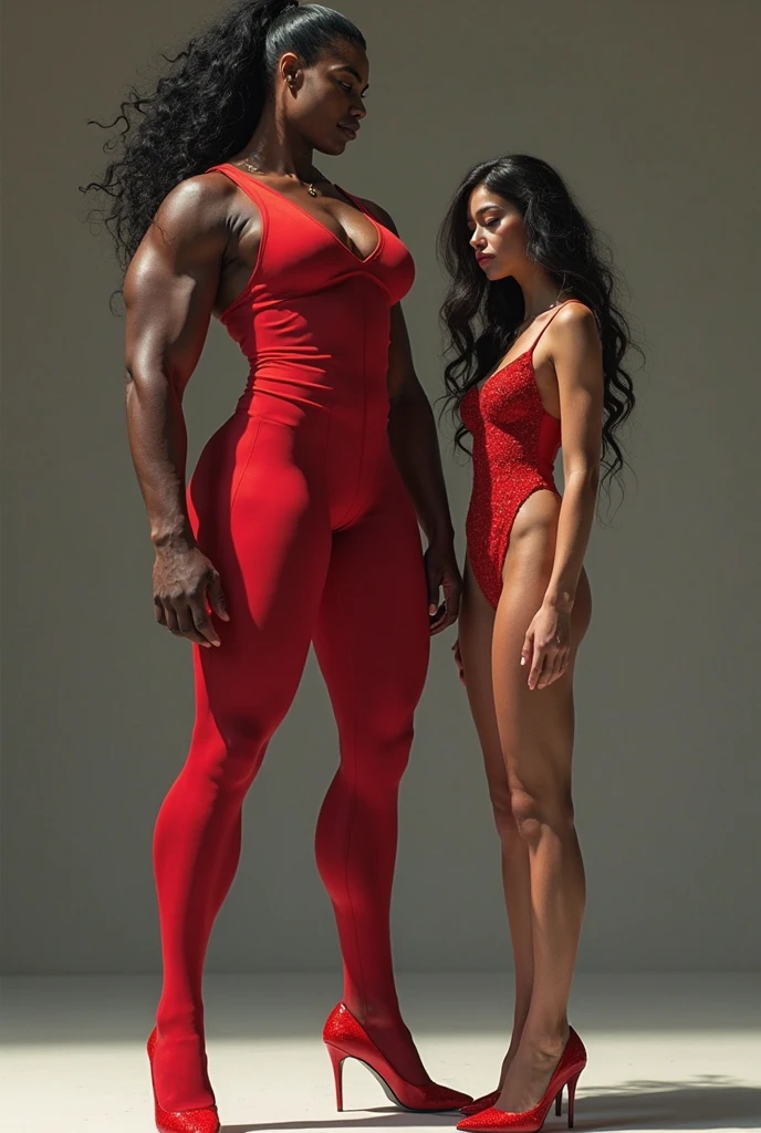 Mature person wearing red leggings:1,Red crop top:1, high quality,4k, full body,small size breasts,