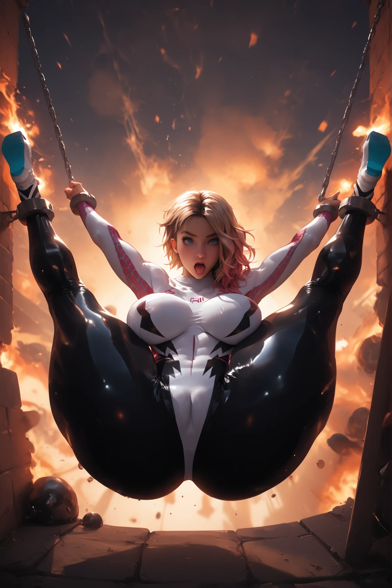 Bondage, burning, sadistic, Spider-gwen swinging on web, spinning a web between floating Barbed iron chains., beautiful face, ahegao face, baby face, wearing Spider Gwen suit, big breasts, overload breasts, gigantic size breasts, wearing spider gwen suit and yoga pants, tight and thin leggings, big round buttocks, bondage, bond legs up, beautiful legs, legs up, raise legs, thick legs, showing her butts, open legs, vaginal missile on cameltoe, splash Sparking fire, firework, sparkling, spark, spininning flaying on air dirty and wet, (side Down angle view), flying on sir with Barbed iron chain, lying on wall, On the wall of a ruftop building, hanging upwards, explosion, burn, torture, sadistic, full of torture devices, tucking in at night,