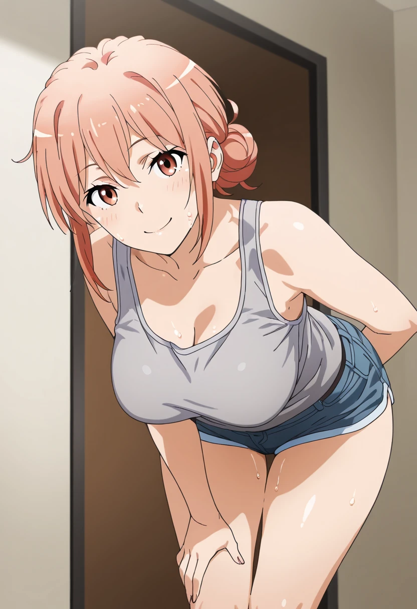 ((masutepiece, Best Quality, hight resolution, nffsw, Perfect Pixel, depth of fields, 4K, )), 1girl in, Solo, , Beautiful anime girl, Beautiful Art Style, close up, Looking down at Viewer, Perfect body, Yuigahama Yui, Short hair, pink hair, hairbun, (large boob), smiling, bent over, white tank top, cleavage, nip slip, down blouse, hand on behind back, blank white background, full body, shot from below