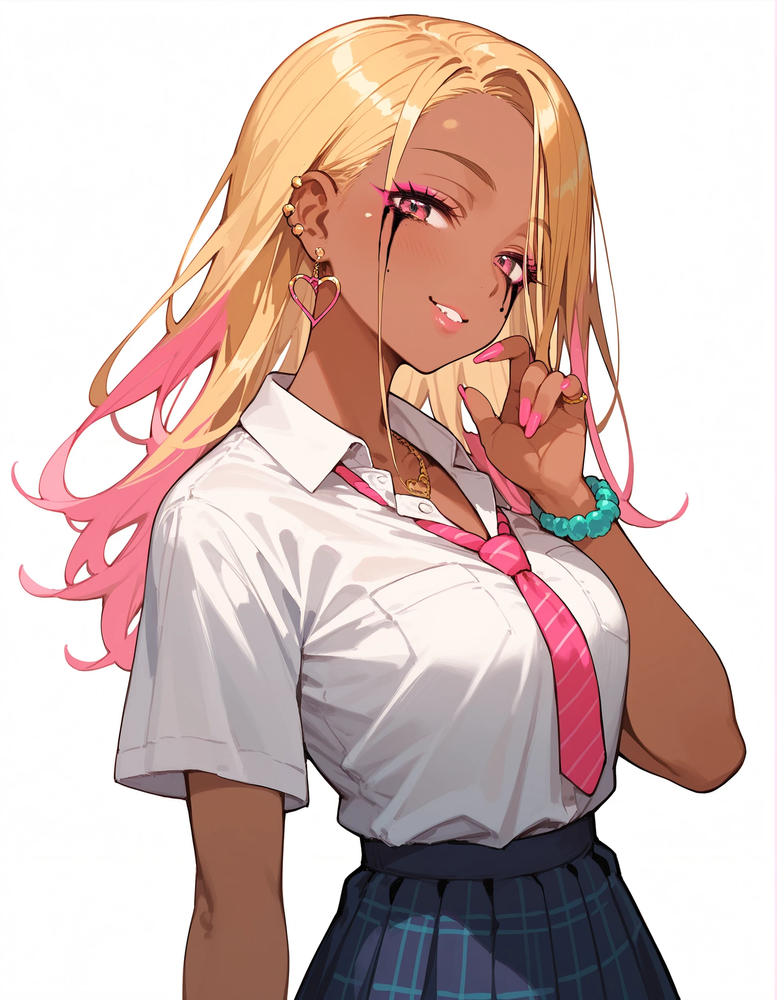 girl, dark skin, blonde, voluminous hairstyle, bright gyaru makeup, gyaru style , Pink nails, lots of decorations, school clothes.