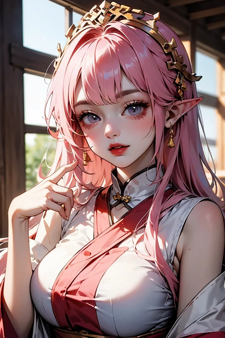 (masterpiece, best quality), intricate details, 1girl, magenta hair, long hair, bright colors, golden eyes, spiky bangs, black and white kimono, pointed ears, dragon horns, evil smirk