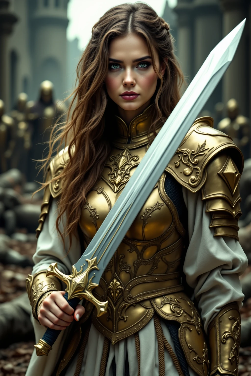 A woman wearing golden, heroic armor with a white pattern holds a long, huge sword with both hands and holds it hard on a diagonal line,Like preparing to hit something,castle,can be seen all over the place and fallen soldiers,Like watching a scene from a movie,Masterpiece,Professional photography,Superb Picture Quality,top quality,Describe the strength of a hero,Masterpiece,anatomically accurate,UHD, 32K, 64K