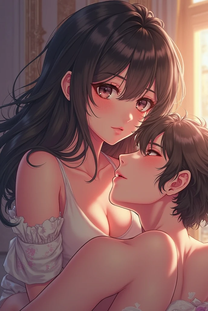 Sexy woman being kissed on the neck by a young boy