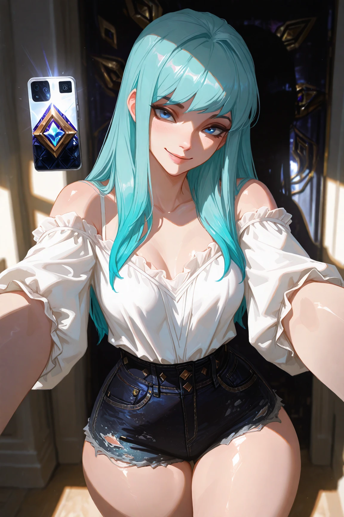 <lora:PhonePic-18:1>, PhonePic, viewer holding phone, phone screen, lingerie, <lora:VivyA:0.8>, VivyA