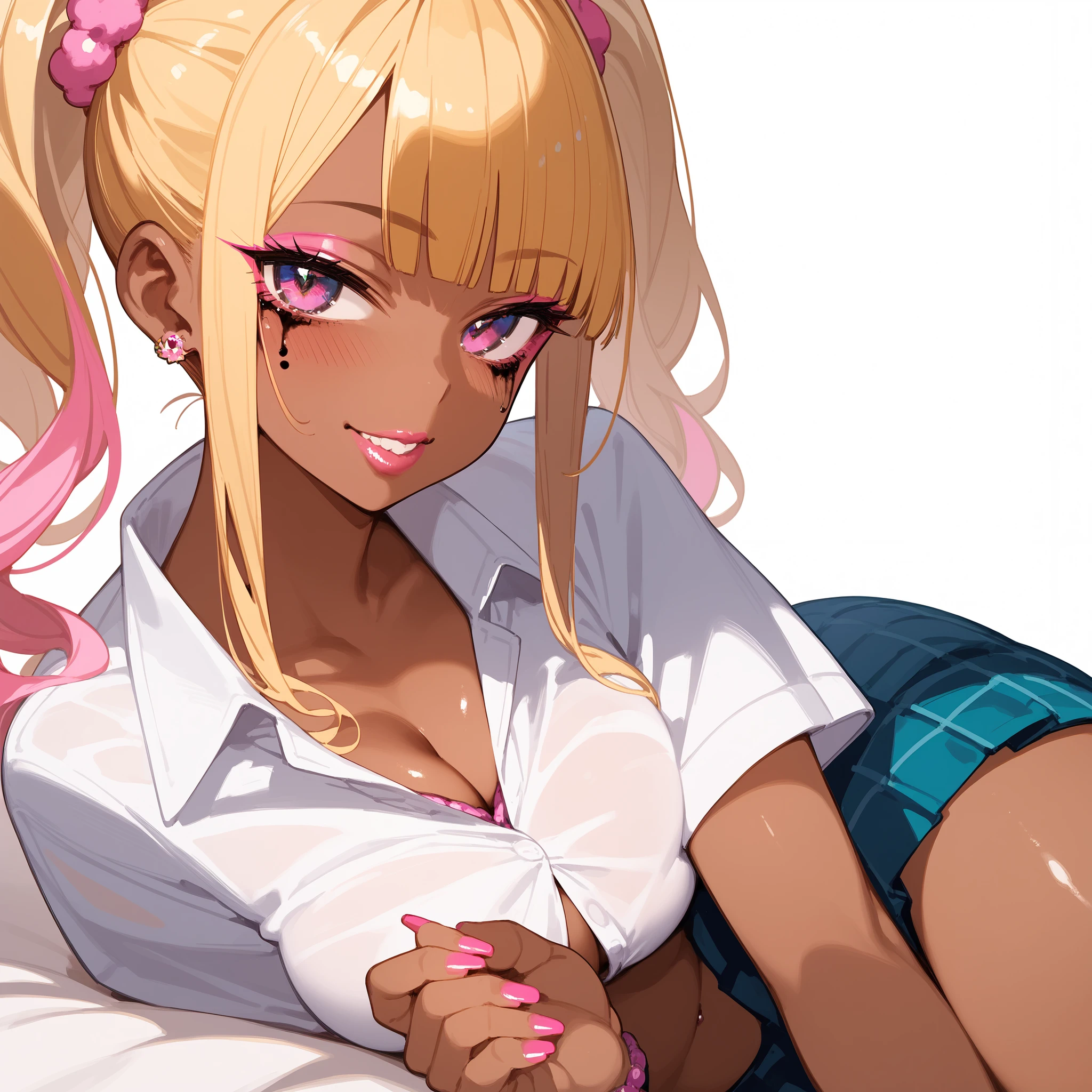 girl, dark skin, blonde, voluminous hairstyle, bright gyaru makeup, gyaru style , Pink nails, lots of decorations, school clothes.