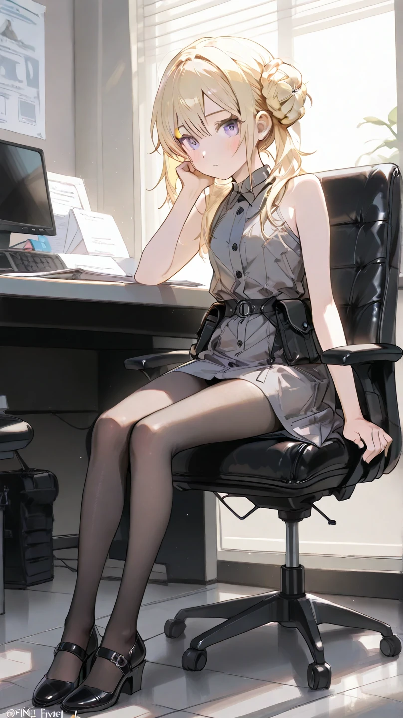 (masterpiece, best quality, ultra detailed, absurd)1.5, 1girl, (sexy, beautiful woman, golden hair, perfect face, greenish eyes, perfect female body, kkw-h-bb)1.5, (dolla \ (nikke\), dolladef, suit, jacket, black gloves, black pants, tie, black ankle boots, ), (futuristic, sitting on an office chair inside an office ), perfect lighting, soft, hdr