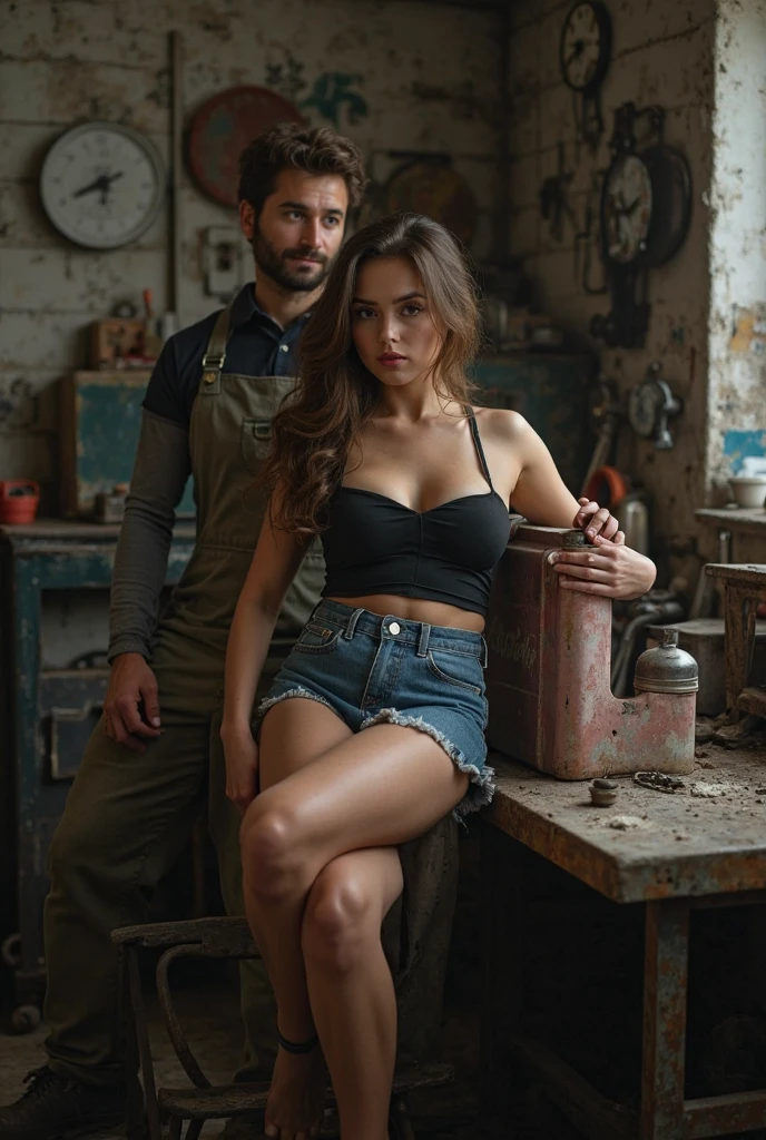 n the gritty ambiance of a bike workshop, Damon Salvatore and Elena Gilbert share a steamy moment amidst the tools and machinery. Damon, shirtless and wearing mechanic's overalls that hang loosely on his hips, leans against a motorcycle, his muscles glistening with sweat under the workshop lights. Elena, dressed in a tight tank top and jeans, approaches him with a playful smile, her hands resting on his chest as they share a heated gaze filled with anticipation."
