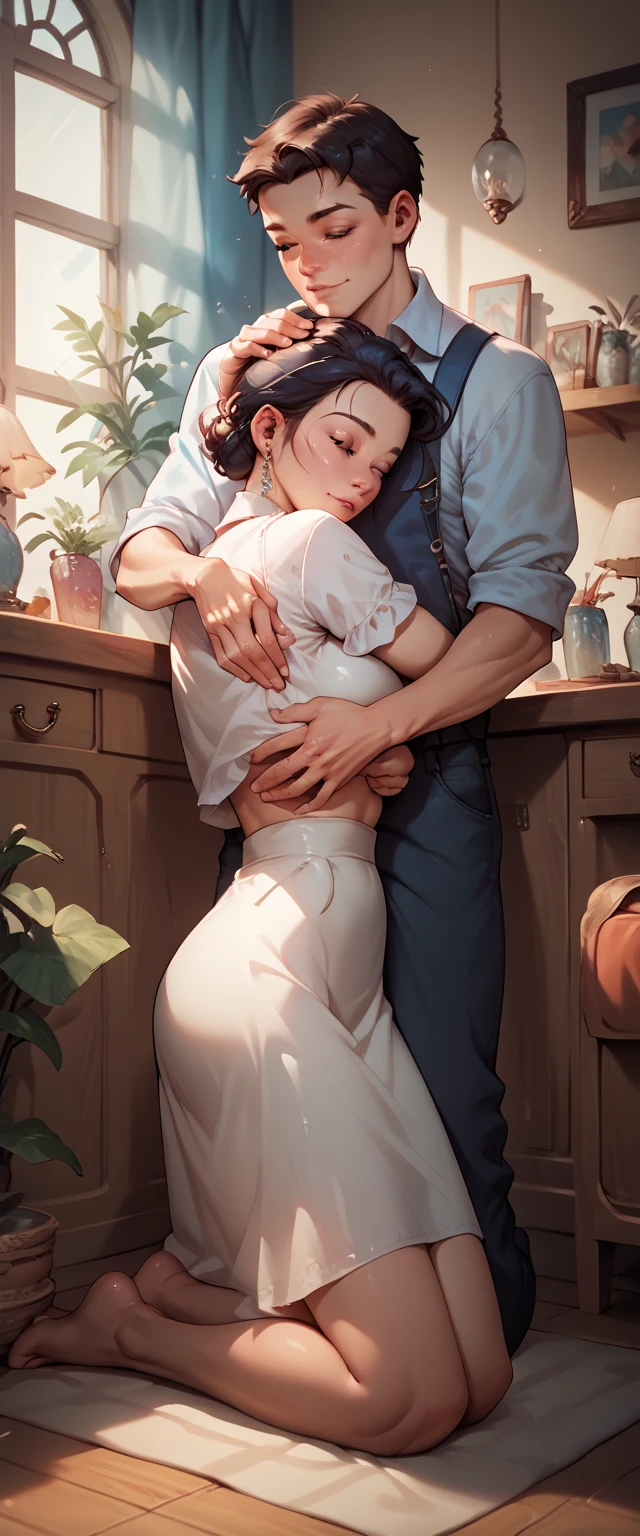 score_9, score_8_up, score_7_up, 1boy, 1girl, mature female, (mother and son), kid, hug, kiss, hand on head, kneeling, in a room