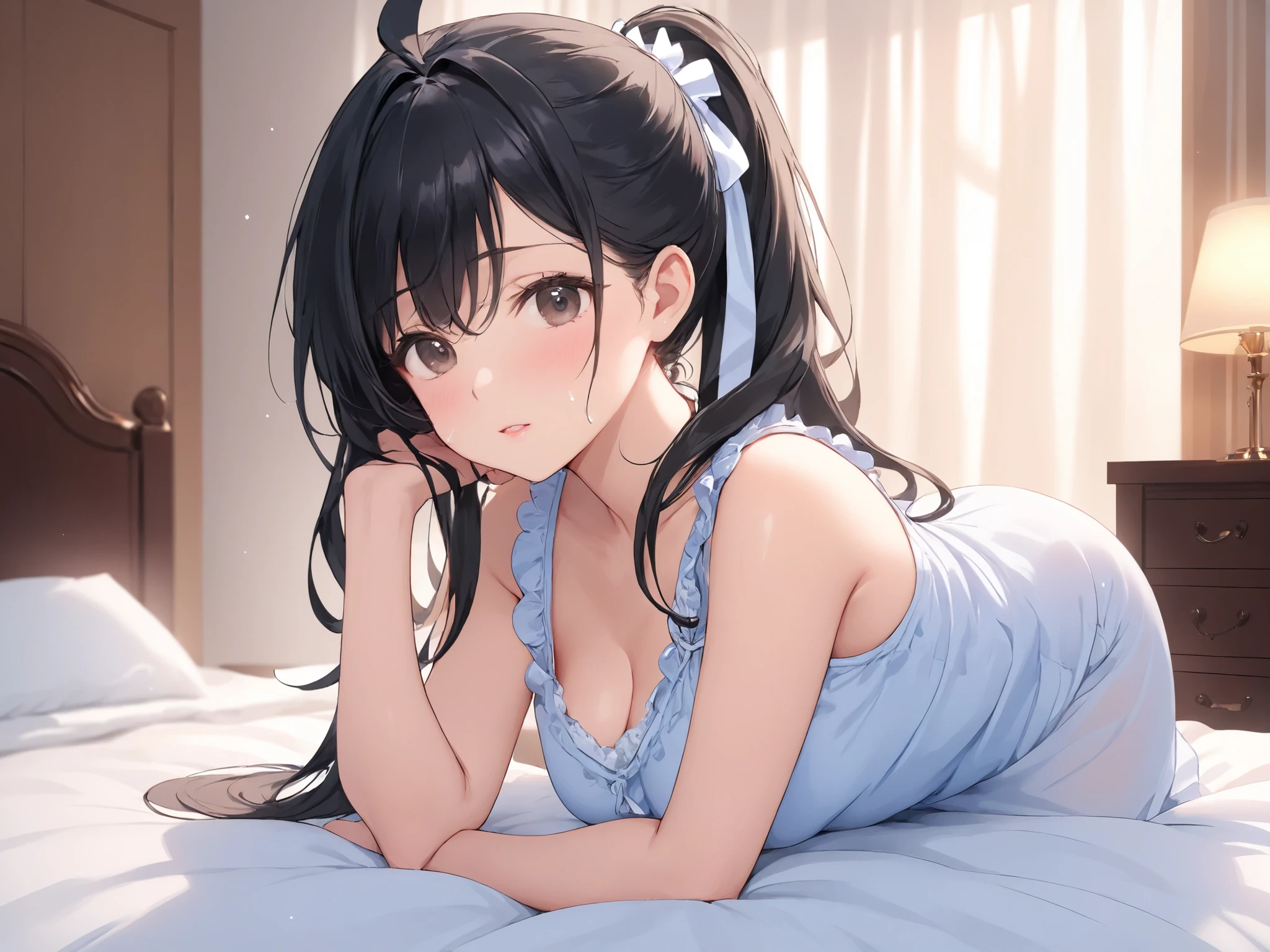 ((((masterpiece)))), high quality, very_high_resolution, large_filesize, full color,anatomically correct , beautiful face , fully completed , 非常に詳細なbeautiful faceと目 , charming face , detailed face , delicate facial appearance , detailed skin from sleeve to chest , Big Breasts ,(((Mature Woman , camisole , of motherhood))) , sexy , embarrassing ,Western-style room、interior ,bedroom、sleeping、 sleeping、sleepwear、Japanese、black hair、long hair、Wave Air、ponytail、white giant ribbon、,excessive cum,cum on clothes,cum on head,cum on body, com on face, Facial, bukkake、,((excessive cum,cum on clothes)),cum on head,cum on body, com on face, Facial, bukkake、