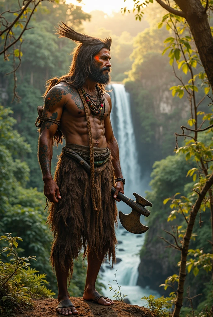 far cry, stones, Stone Age, valley somewhere in primeval Europe, a prehistoric warrior covered in cracking facepaint and nasty scars and adorned with various furs, bones, and sticks, cannibalistic shaman, caves, standing beside a stone building, Neanderthal