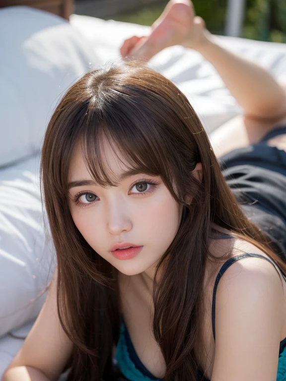 masutepiece, Best Quality, Illustration, Ultra-detailed, finely detail, hight resolution, 8K Wallpaper, Perfect dynamic composition, Beautiful detailed eyes , Dark indoor, Sexy face,Sexually aroused face、medium-full shot、Lying down in bed