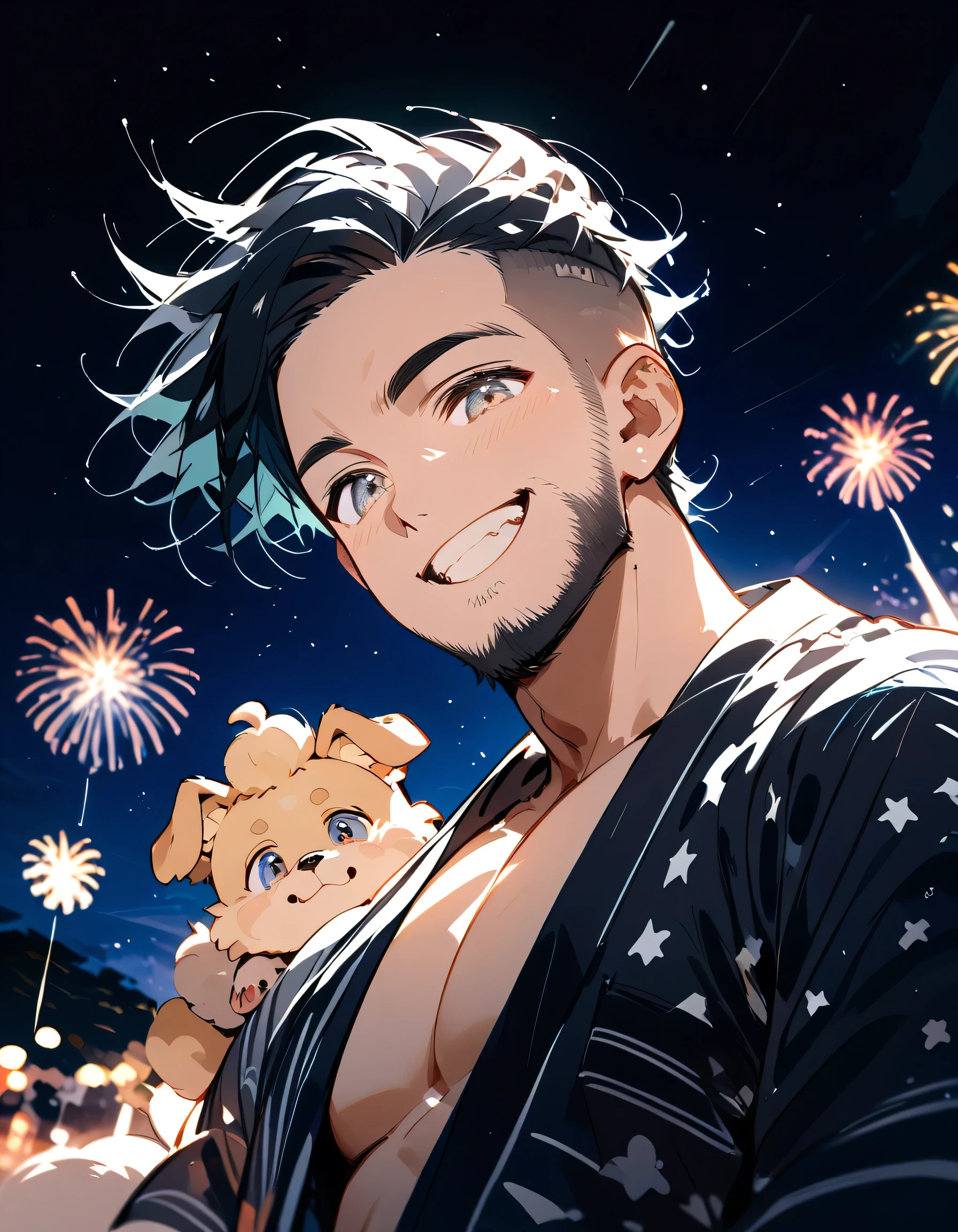 from below,((((with small dog of Pomeranian)))),man,40years old,(The face of an old man with dignity),man's eyes,man's nose,man's mouth,grin,(short spiked hair),forehead,sidecut,undercut,beard,gray japanese men's yukata,night starry sky, summer fireworks,(Complete Anatomy:1.3),(manga style),(sketch),(illustration),best quality,
