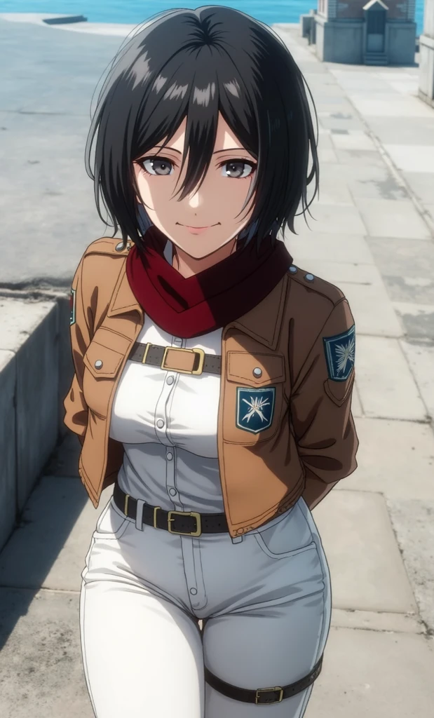 hmmikasa,hands in pockets, hort hair, black eyes, emblem, belt, thigh strap, red scarf, brown jacket, long sleeves, <lora:mikasa_ackerman_v1:0.8> DUTCH angle,cloudy sky,tiny smile