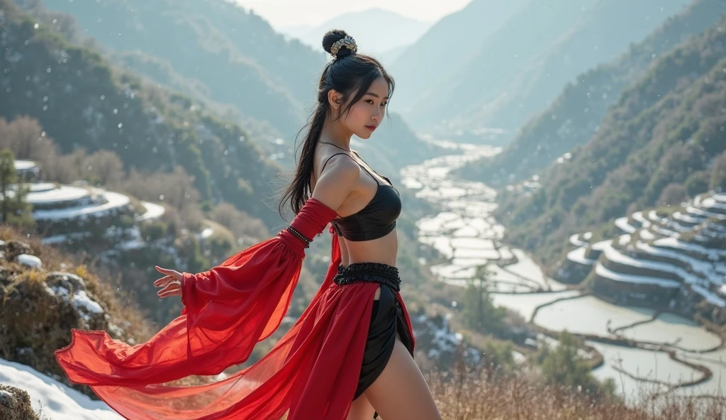 Absurd , High quality , ultra detailed, (careful with hand )A girl with in red saree,, gloving eyes, long hair, snowing place, out of door, sitting on rock, near of mountains,lush green Meadows