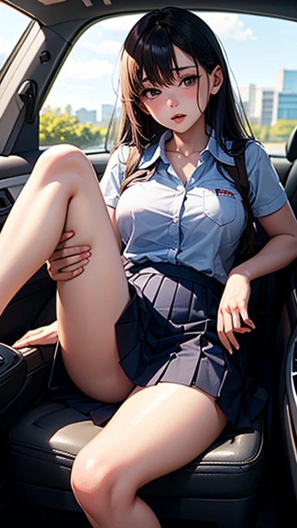 ((Best Quality)), ((masutepiece)), (Detailed), perfect face 1 woman、(Solo)、(Super beautiful)、(beauitful face:1.5)、(A detailed face)、Slender Abs、(navy blue stewardess uniform:1.2)、Squatting、troubled look、Body facing the camera、(The shape of the woman's pubic area is clearly visible)、Facing forward、(M-shaped legs:1.5)、(Pee with your legs wide open:1.5)、(Deep purple micro panties from the skirt:1.6)、(Bare legs:1.4)、(Wearing pin heels)、Angle from below、(At SFW:1.1) Beautiful half face beauty、爆乳　8k bright lighting　Beautiful big eyes、Curly hair long