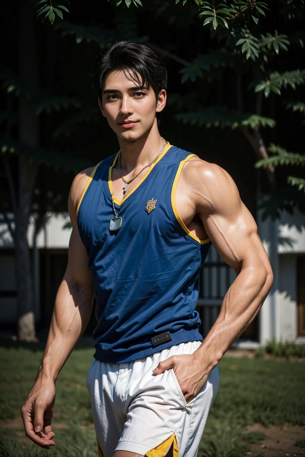 man , Dark blue t-shirt, jeans, black short hair , outdoor , cute smile , หน้าhandsomeแบบเกาหลีสมจริง , modest muscles , Masterpiece、High resolution、Surreal、detailed face、alone、man、Glowing skin、(Asia)、handsome、tall building background