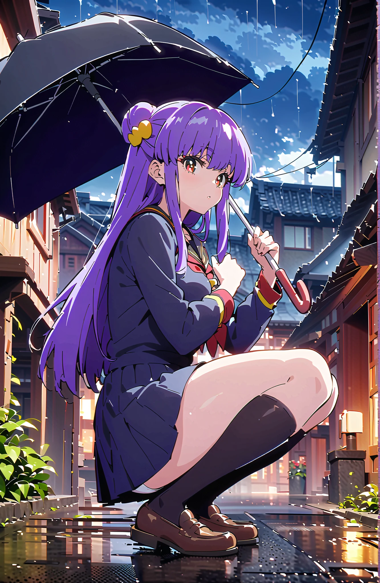 score_9, score_8_up, score_7_up, source_anime,  shampoo, shampoo (Ranma 1/2), long hair, hair ornament seen from the side, Red Eyes, purple hair, hair bun, double bang, Medium breast, Black Sailor Suit, black mini pleated skirt ,Black thigh high socks,loafers,white panties,squatting,umbrella,angle from below,rain,cloudy,full bodyがillustrationsに入るように,in their 40s outdoors, residential area,
in their 40s looking at viewer,full body,
in their 40s (masterpiece:1.2), best quality, high resolution, Unity 8k 壁紙, (illustrations:0.8), (beautiful detailed eyes:1.6), highly detailed face,  perfect lighting on the table, extremely detailed CG, (perfect hand, perfect anatomy),