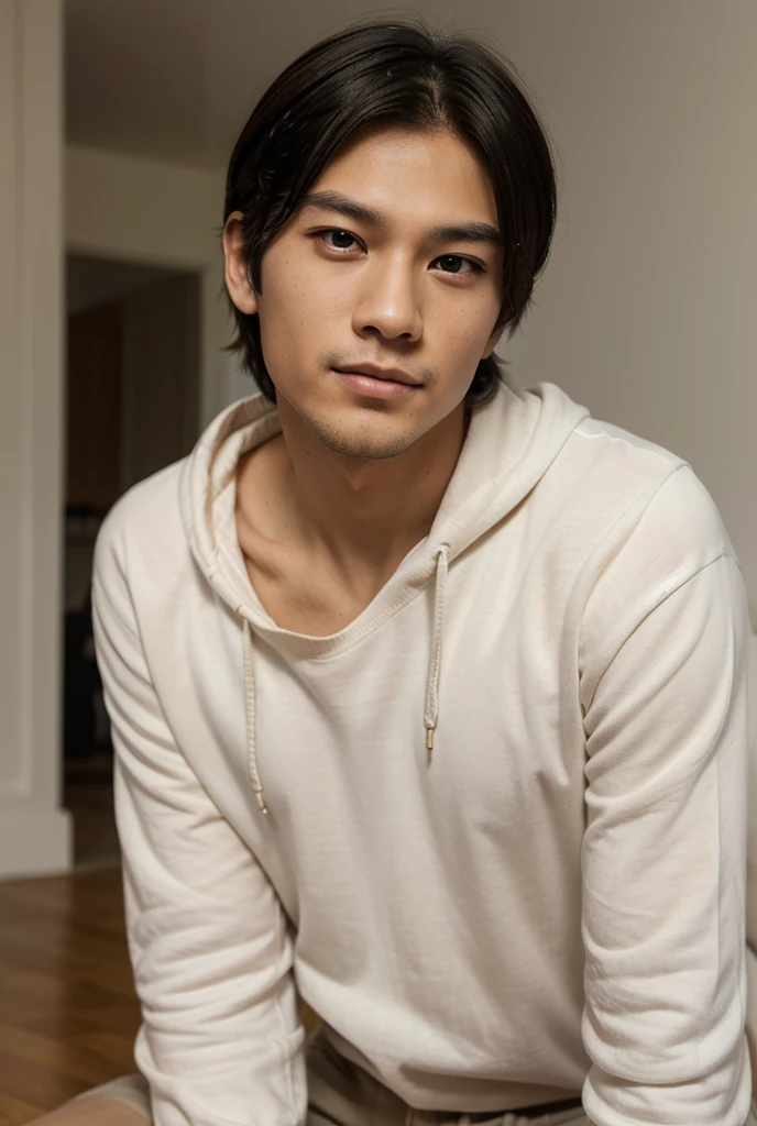 Photo of a handsome 23 year old Asian man wearing a white t-shirt and broad chest