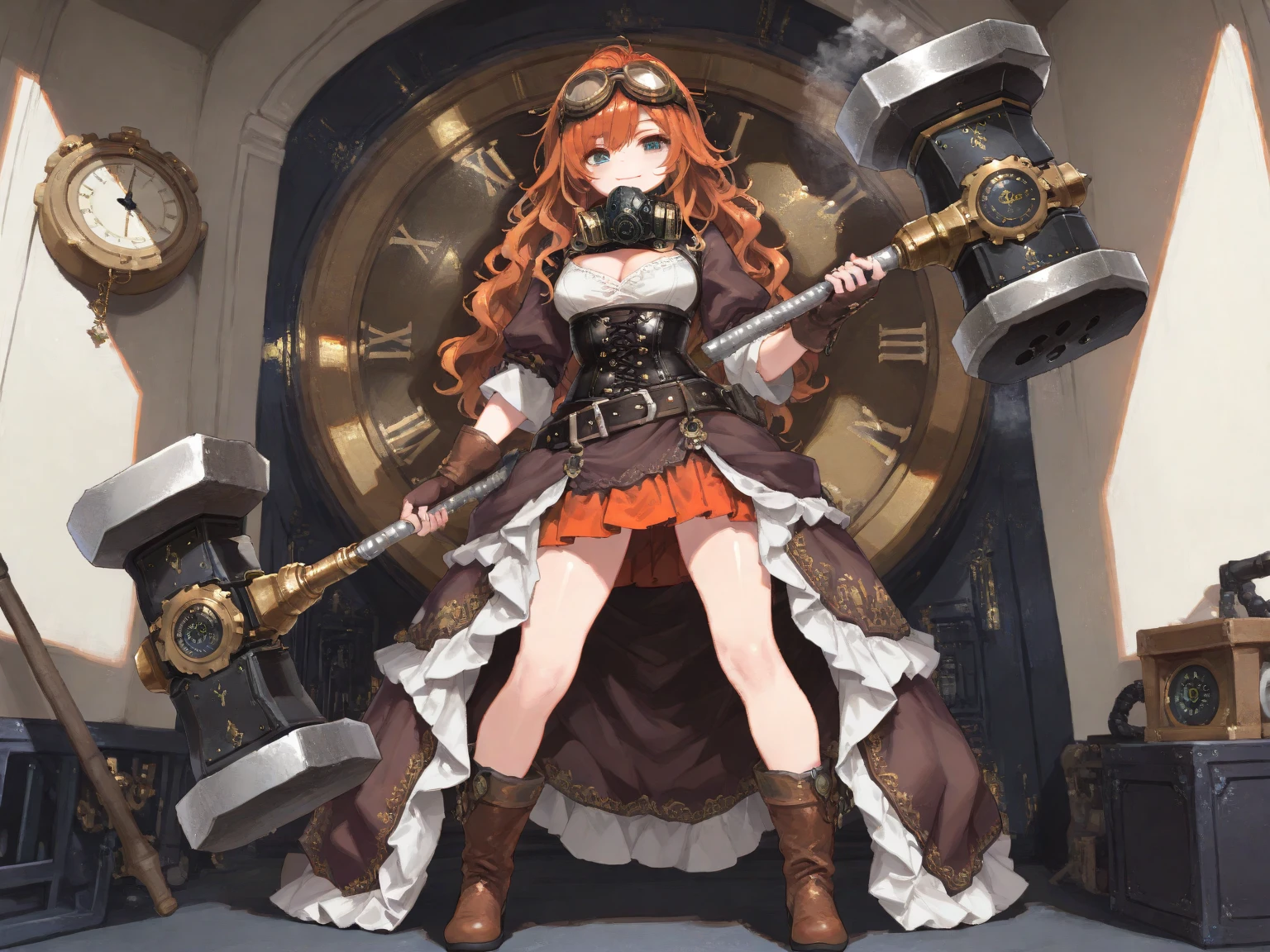 pixel art:1.35, fantasy artwok:1.2, sfw:1.3, (full body, standing, , smile close mouth), 1girl, wavy Hair:1.2, longeyelashes, fluffy long eyebrows:1.2, Thighs:0.8, Cleavage, (steam punk dress:1.2, (Holding, Clock-shaped hammer:1.2, round hammer:1.2, clock:1.3), wearing a leather corset, belt, pouches, goggles, fingerless gloves, and a gas mask around her neck),  BREAK, (Skirt hem, Flared Skirt:1.1, fluttering, shin), BREAK, BREAK, ((masterpiece, best quality, amazing quality, hyper-detailed)), (absurd, very aesthetic:1.2), (hyper-detailed background, lighting), dynamic pose:1.3, from front, (back ground, gear room:1.2, gear:1.3, gold)