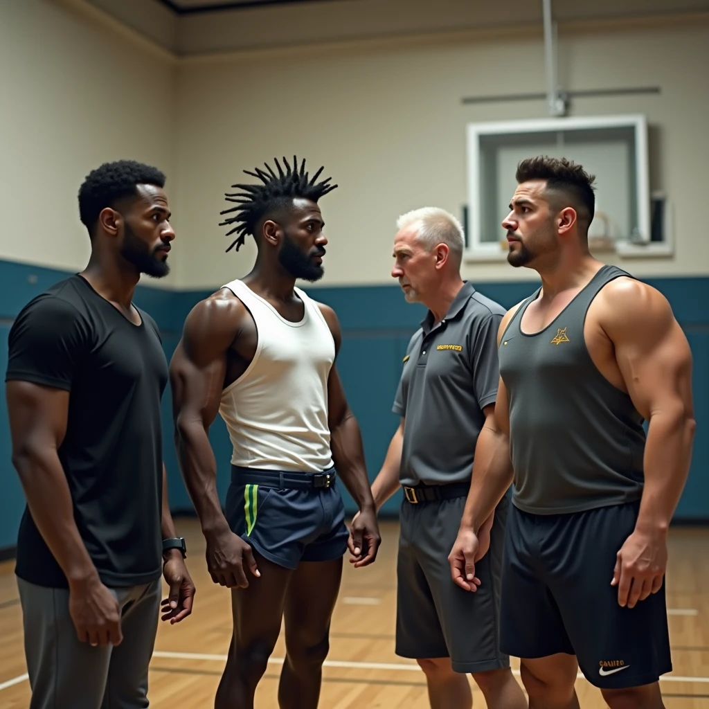 Wide Side camera angle, Locker-room full of large group of naked fully nude African American men with penis erections dancing , Sweaty strong buff, Anatomically correct, “beautiful hands” and “detailed fingers, 💪🏽 head to toe full body views of HBCU football players lusting no different positions and from different angles , groping and touching each other, in a Locker-room well-lit Crowded with teammates that have Tattoos that are tribal, intricate and varied and very visible Sweat.