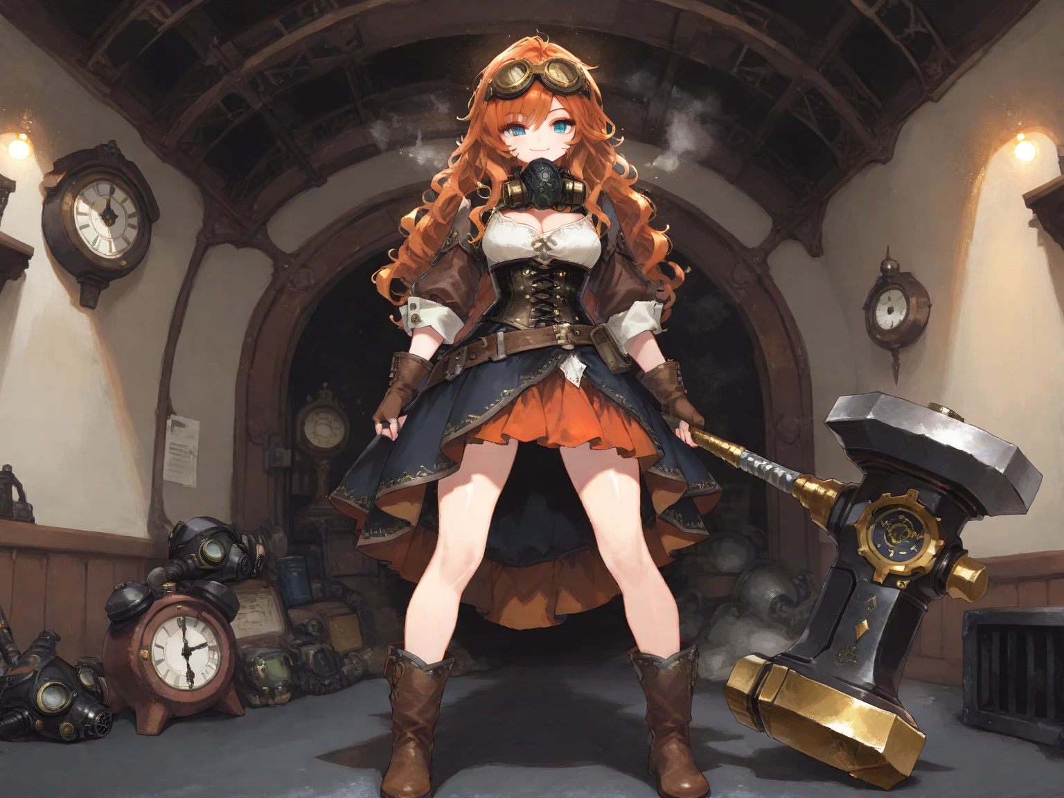 top-quality、​masterpiece、超A high resolution、(Photorealsitic:1.4)、Raw photo、女の子1人、red hairs、glowy skin、1 Steampunk Devil、large metal wings、Metal horn、((super realistic details))、portlate、globalillumination、Shadow、octan render、8K、ultrasharp、Colossal tits、Raw skin is exposed in cleavage、Black fiberglass body、Details of intricate gilded ornaments、Sumerian details、Glowing LEDs、Hydraulic cylinder、highly intricate detail、Realistic light、Red Eyes、radiant eyes、Facing the camera、neon details、Mechanical limbs、cowboy  shot、Small LED lamp、Orange Character Catch Light、The background is a steampunk city、