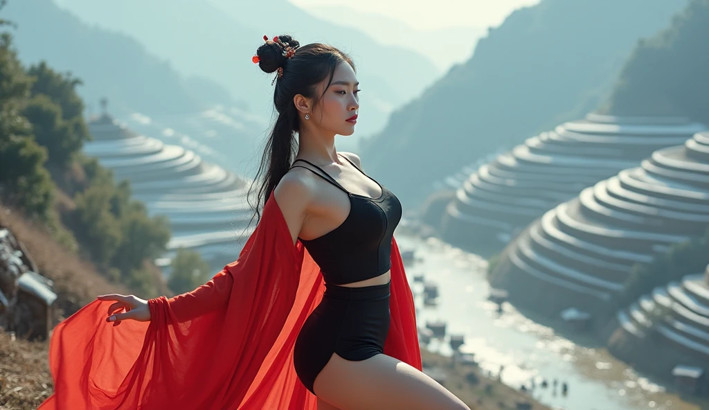 Gorgeous girl Red Kimono open shoulders open legs beautiful breasts sunset samurai sword