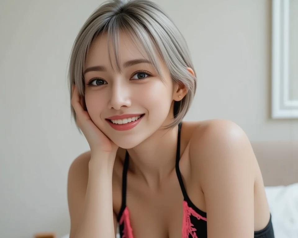 Masterpiece, 8K, photorealistic,
1girl, the most beautiful, 20 years old , (sexy, Japanese idol), (gray hair:1.2), short hair, Shiny skin ,
BREAK (Double eyelid, droopy eyes, tareme,small ose), (blue eyes:1.2), (smile, teeth:1.3), mole under eye, gal, gal makeup, makeup, Eyeshadow, Mascara, medium breasts, slender waist, toned thighs, toned arms,
BREAK face up, from side, looking viewer,face Focus,