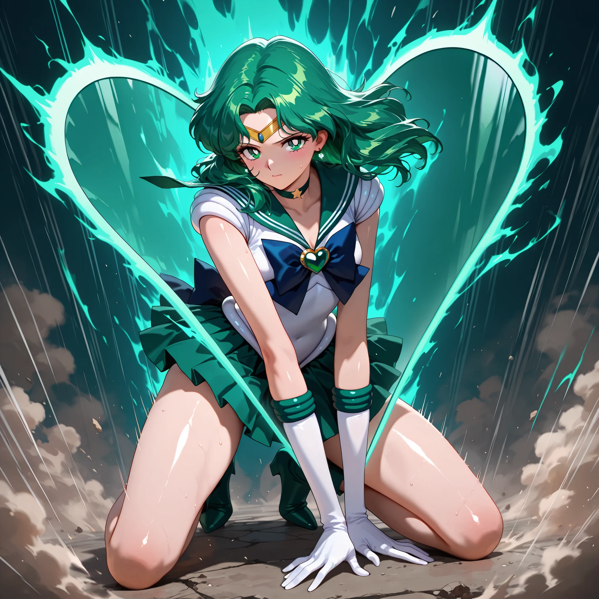 masterpiece,best quality,amazing quality, michiru kaiou, green eyes, forehead jewel, green hair, medium hair, tiara,brooch, choker, gloves, heart, heart brooch, jewelry, magical girl, sailor senshi uniform, skirt, star choker, white gloves, bow, green bow, green sailor collar, green skirt, full body, looking at viewer, Aqua Mirror weapon, energy own Aqua Mirror, mature, aura, dust, motion lines, speed lines, clear skin, ultra-detailed-eyes, soft skin, very awa, very as2, shiny skin, shiny hair, soft body, 90's style, official art