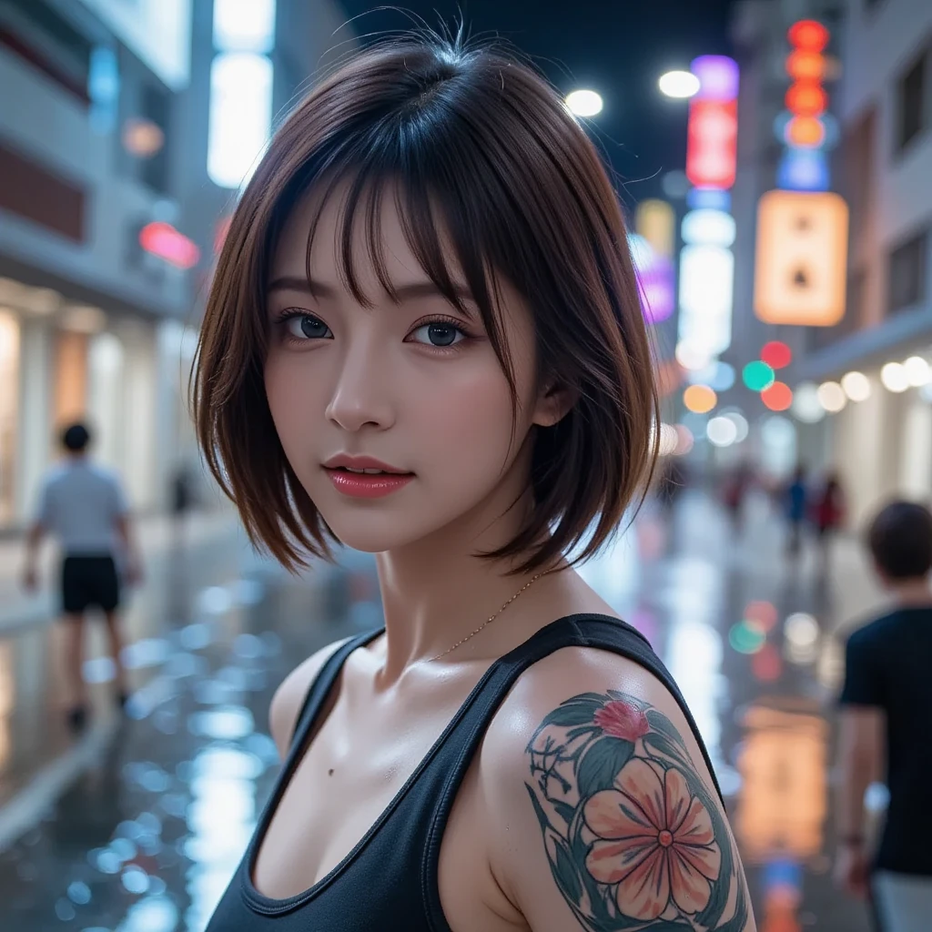 ((korean woman)), urban at night, neons, Perfect starry sky, UHD, hoog detail, highly quality, super detaill, Ultra-fine illustration, 16k, odd eyes, Ghibli, Grey hair, micro bikini, Plain Bikini, ((Bikini with less fabric)), large eyes, long eyeslashes, very long eyelashes, Ethnic tattoos, (Tattoos that cover the entire body), ((Many tattoos)), tattoo on chest, tattoo on arms,  Tattoo on the finger, (Tattoo on the entire chest), Beautiful Features, Neutral facial features, (short-hair)