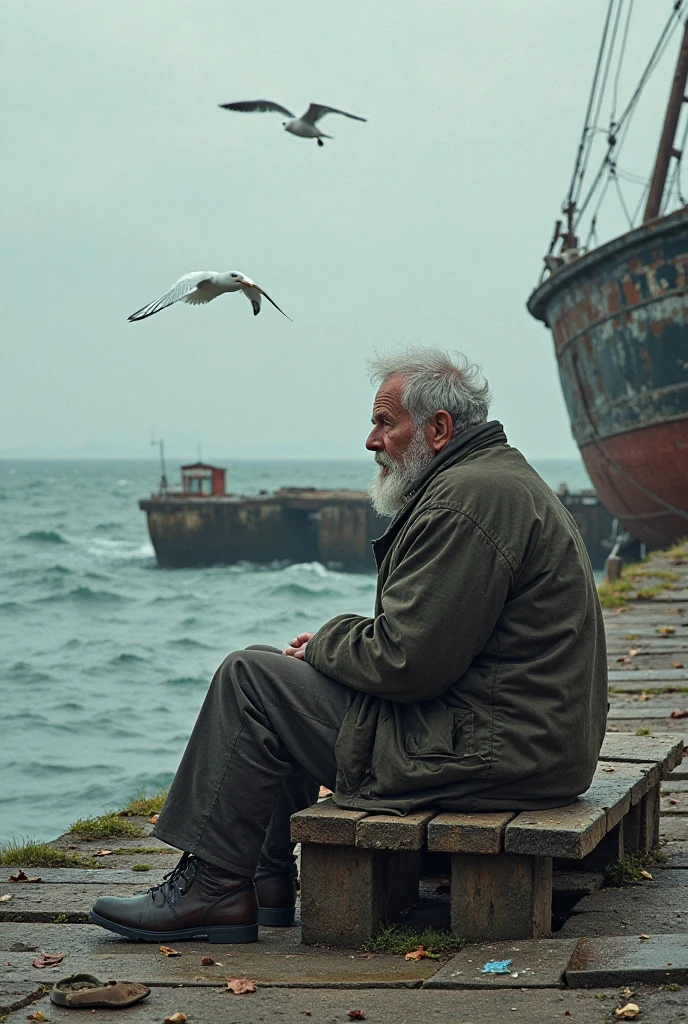 (RAW photo, 8k uhd, Analog style, Masterpiece, Best Quality, Highres:1.4), (dramatic, cinematic:1.2), BREAK,
movie shot of (80 yo:1.2) (old male:1.3) (fisherman:1.25) (sailor man:1.25) (sitting:1.1) (on deck:1.35) of (old dilapidated:1.2) (wooden sailboat:1.3), against railing, (from side:1.2), (stern face:1.2), (deep wrinkles:1.2), (gray long beard:1.3), (grey eyes:1.2), ((shabby:1.2) old (torn:1.15) (raincoat:1.1), brown (pants:1.1), (sailor hat:1.1) (sou'wester:1.2), jackboots:1.1), (lowered head:1.2), (tired sad expression:1.15), BREAK,
(stormy sea, gloomy dark clouds:1.2) on background, (splashes, water drops, rain:1.25), (seafoam:1.1), (flying white seagulls:1.25), (rocks, cliffs:1.3), (dark haze:1.2), (wet clothes:1.1), fishing (nets with fish:1.3) on deck, (ropes:1.1), (tense hopeless eerie atmosphere, cold, floes:1.2), BREAK,
(photorealistic:1.3), (rough details, (male focus:1.1):1.2), (desaturated, cold lighting:1.3), (hyperdetailed, absurdres:1.2), BREAK,