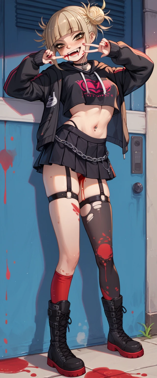 Girl with a Japan sword、Round, black eyes、Bloody short-sleeved shirt、A girl covered in blood after being splashed with blood. She lifts her skirt with both hands.、Showing off cute white underwear.、Black garter belt、Black rough fishnet stockings、A plain white shirt with short sleeves and a red tie、Standing posture、Abandoned Factory