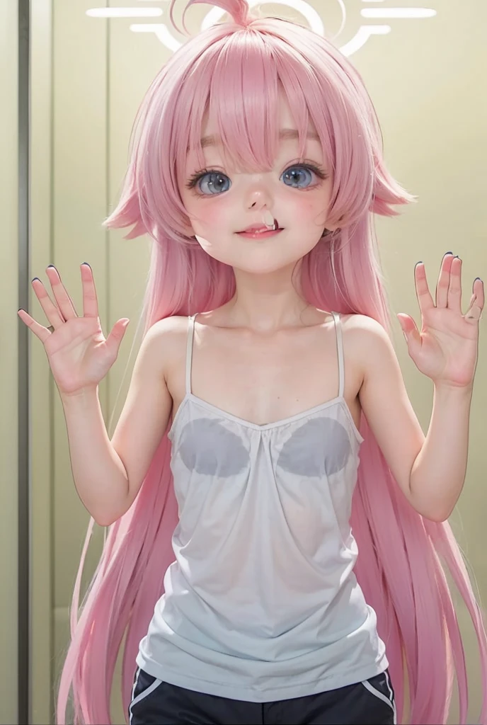 One girl,alone,
Blonde Hair, Long Hair,(Hairline:1.4),Fluffy hair,Wavy Hair,
Iris,(Half-closed eyes:1.2),sleepy,
(Grin:1.2),
nude,Leg spread,Nipples are visible