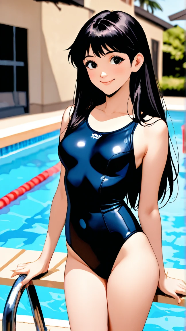 ((camel toe:1.4)), Brown skin, Sweat, grin, (((Flat Chest)), ((Erect nipples)), ((see through)), (((long gloves:1.3))), brown loafers, black calf length socks, Open your thighs wide to the left and right, squat on the ground show off your crotch to the viewer, ((Latex Swimsuit:1.3)), sit, spread your legs:1.3, (((arm behind head:1.3))), 12 years old, absurdists, Long black hair, Hair clip, flat lighting, elevation angle, sexy pose, highest quality, Complex, surreal, perspective, very detailed, detailed background, shape, 1 girl, alone, small breasts, light smile, embarrassing, blush, (((Pool side))), (Sweat),