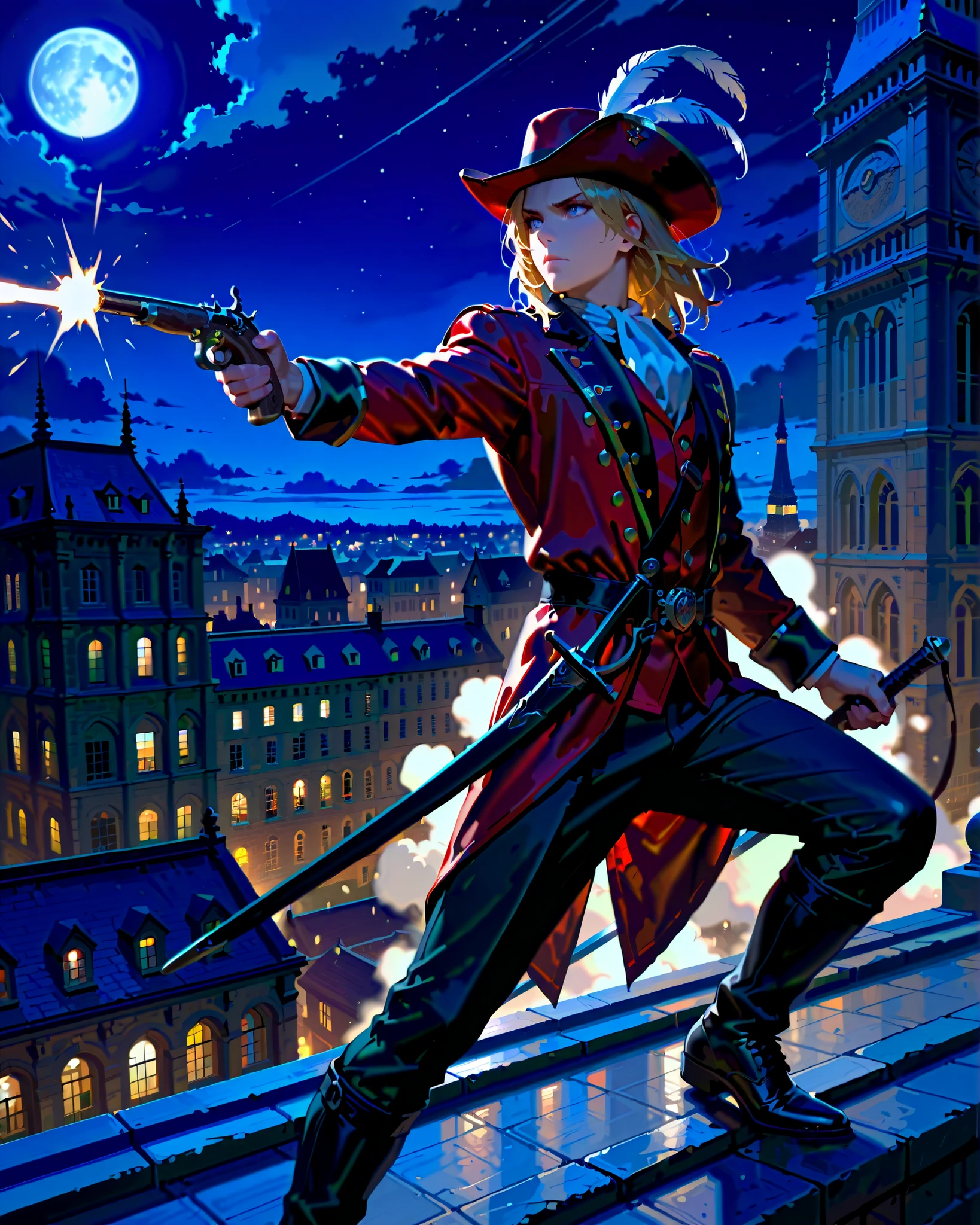 masterpiece, highest quality, 8k, solo, solo focus, highly detailed, (perfect face:1.1), 1boy, mature man, male focus, solo, solo focus, male focus, dynamic action pose, handsome french male, musketeer, gentleman, holding weapon, cybernetic limbs, holding and aiming a flintlock pistol with one hand, muzzle flash, blonde hair, medium hair, hair down, blue eyes, (wearing edgmousquetaire, hat, feather on hat) fencing sword, sheath, looking away, modern paris, night, outdoors, rooftop, ledge, arc de triomphe, full moon