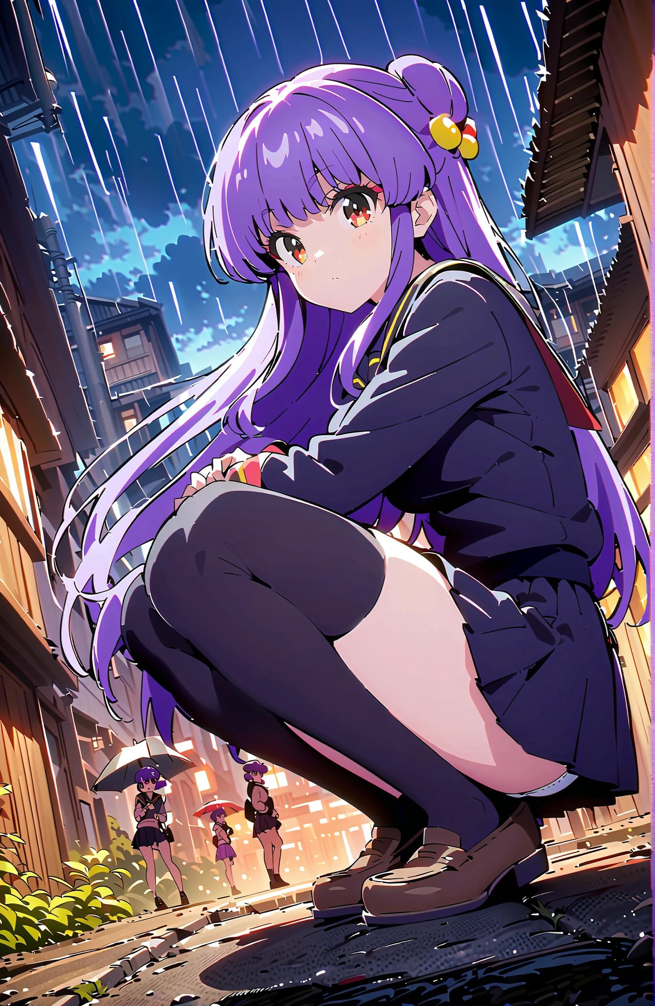 score_9, score_8_up, score_7_up, source_anime, shampoo, shampoo (Ranma 1/2), long hair, hair ornament seen from the side, Red Eyes, purple hair, hair bun, double bang, Medium breast, Black Sailor Suit, black mini pleated skirt ,Black thigh high socks,loafers,white panties,squatting,umbrella,angle from below,rain,cloudy,full bodyがillustrationsに入るように,in their 40s outdoors, residential area,
in their 40s looking at viewer,full body,
in their 40s (masterpiece:1.2), best quality, high resolution, Unity 8k 壁紙, (illustrations:0.8), (beautiful detailed eyes:1.6), highly detailed face, perfect lighting on the table, extremely detailed CG, (perfect hand, perfect anatomy),