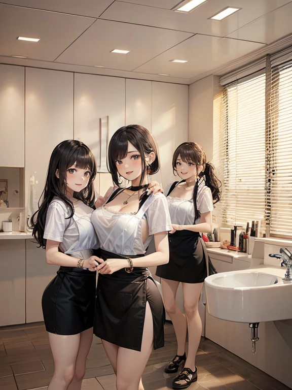 In the hotel, four beautiful girls, sitting on the bed, the girl is a beautiful girl in a white pleated skirt, wearing black stockings on her legs, big breasts, big ass, panties, blushing