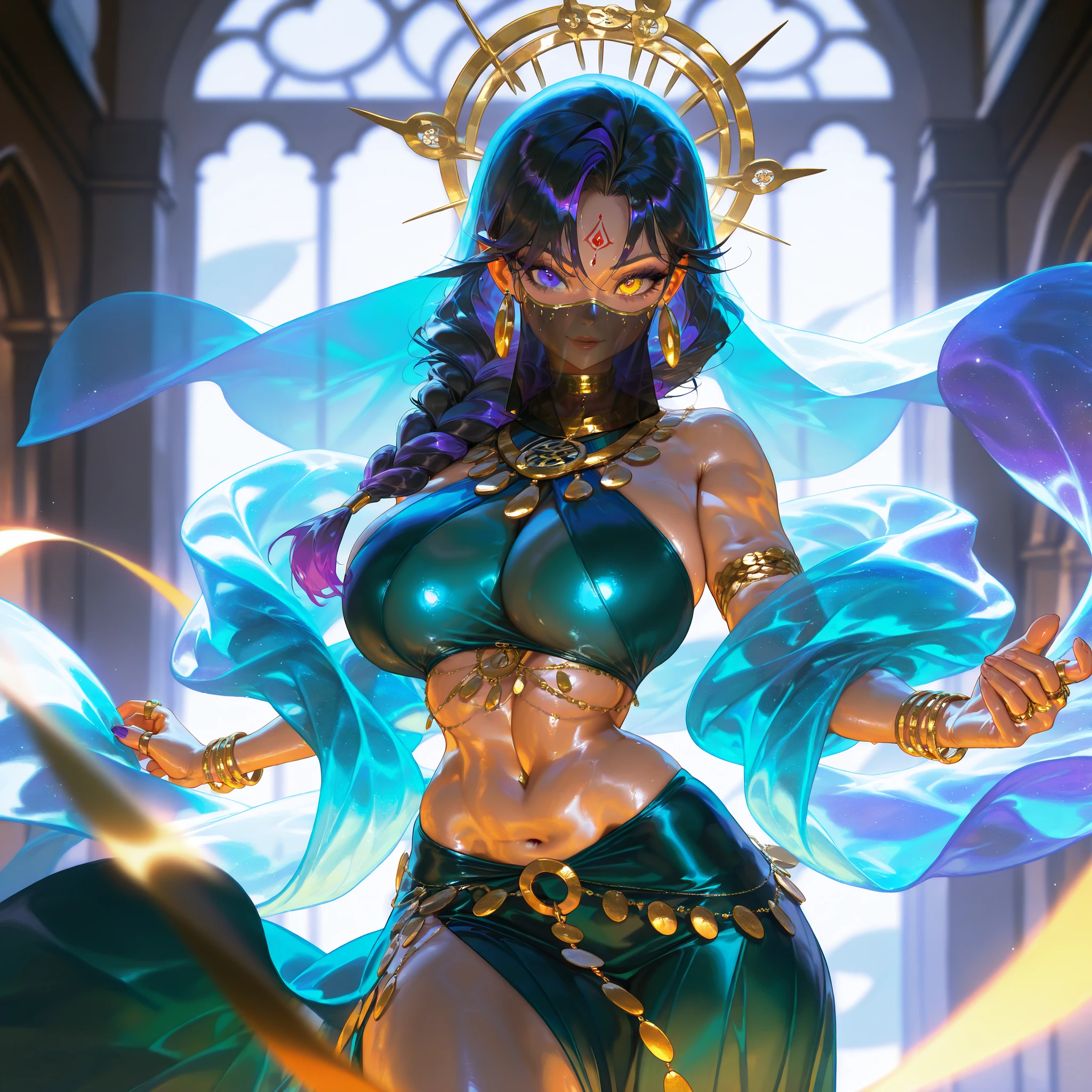 Mature beautiful woman,(Highest quality,Extremely detailed depiction,Incredibly absurd high resolution,Anatomically accurate depiction,Curvy Legs),(Glowing Skin,Shiny skin,Oilskin),Sexy belly dancer,Gorgeous belly dance costumes,((A face veil that covers the lower half of the face)),Golden Accessories,A seductive smile,There is cleavage in the chest,Glossy lipstick,Sweat,Dancing belly dancing,background:Night Bar