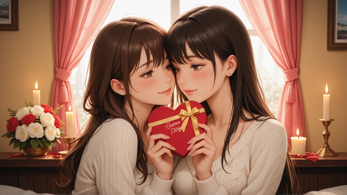 (masterpiece:1.2), best quality, high resolution, unity 8k wallpaper, (illustration:0.8), (beautiful detailed face:1.2, beautiful detailed eyes:1.2), perfect lighting, extremely detailed CG, (perfect hands, perfect anatomy),
long hair, beautiful shiny hair, beautiful ruby eyes, crystal clear white skin, beautiful skin, Cute, beautiful, charming lady, heart shape, with both hands, holding a heart made of rose petals,
Happy Valentine's Day,background with a heart shaped box and two red roses on them, heart, valentine, red flower, red rose, the flowers and hearts with ribbon tied around, flower, still life, ribbon, rose, rose petals,
Colorful and bright, mystical colors, , soft atmosphere, looks fun,