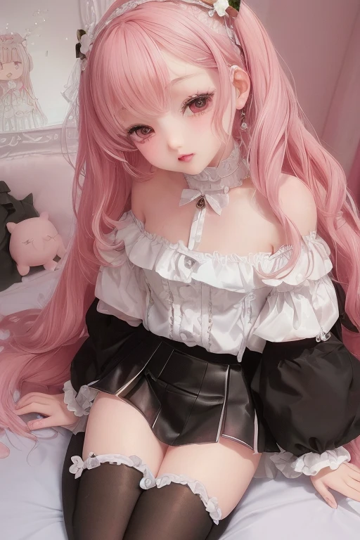 ((highest quality)), ((masterpiece)), (extremely detailed), kukolnydom, doll, mature woman, solo, cowboy shot, dynamic pose, seductive smile, pink hair, long hair, hairband, blunt bang, white bra, white panties, bedroom, 8k