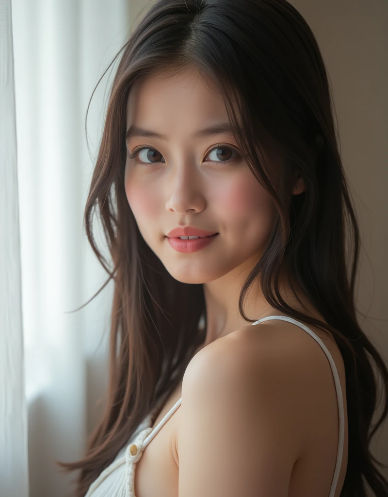 (((smile、Focus on the eyes:1.1、Extremely detailed:1.22、Ultra-high resolution、masterpiece:1.45、Highest quality)))、((((Whole body expression:1.68、camisole、Leaning forward、One person))))、long, straight black hair、So that every single hair is clearly visible、The subtle color changes of hair depending on how the light hits it、 Skin has a natural glow、Fine skin texture、Representing the fine details of pores:1.25、Details of the light redness on the forehead and cheeks、(((Eyes with fine iris details、The eyes depict color gradations and patterns.、Long, natural-looking eyelashes, each and every one visible、Well-groomed eyebrows、眉毛のindivual々The hair is clearly visible、Light reflecting off into the eye、The light in the eyes creates small highlights)))、The nose is delicate、Fine detail on the nostrils、Lips are plump and naturally pink、Depicts the fine lines and soft curves of the lips、lips are shiny and、The gloss on your lips accentuates their shape.、(((Detailed depiction of lip texture、Particular attention to the depiction of light and shadow、Soft natural light gently illuminates the face from the front、A faint glow on the forehead、A slight shine on the nose、A slight glow on the cheeks、Shadows are cast softly along the contours of the face、Accentuate the sides of your cheekbones、Accentuate the sides of the jawline、Emphasize the sides of the nose、The gloss on her lips reflects the light faintly、Lips emphasize the plump texture、The shadow of the hair gives depth and dimension、indivual々The hair shines in the light、