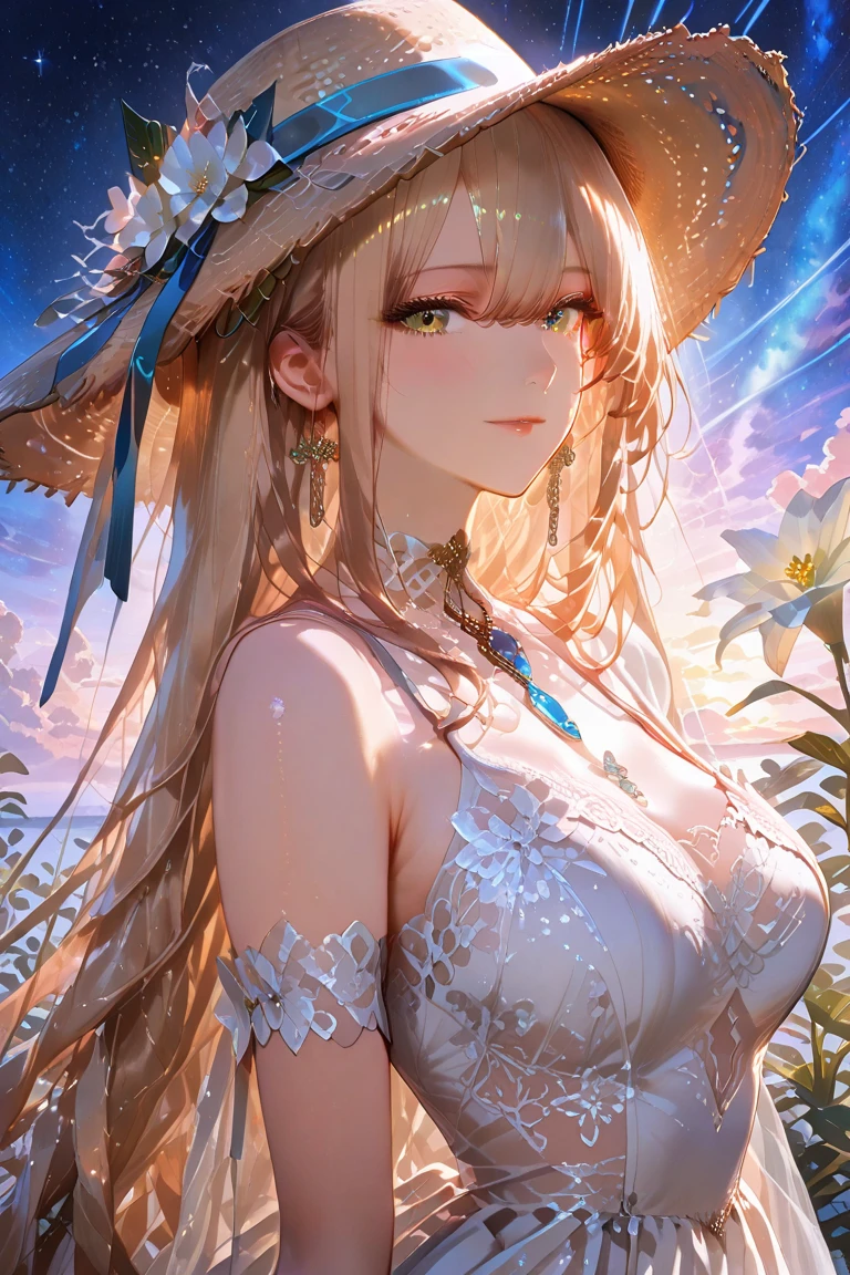 (((masterpiece, Highest quality, High resolution, Attention to detail, Ultra high definition, 8k Raw Photo:1.5)))), ((((Fantasy))), One, (A beautiful woman)))), (White short skirt with gold embroidery), (Platinum blonde long silky straight hair), (Shiny dark green eyes), (White frilly blouse with gold embroidery), big, (((On the deck of a sailing ship at sea)), (Vast ocean))), (The sky with clouds)), (( Seagulls flying in the sky)), smile, (Wind), Particles of light flying, Lens flare,