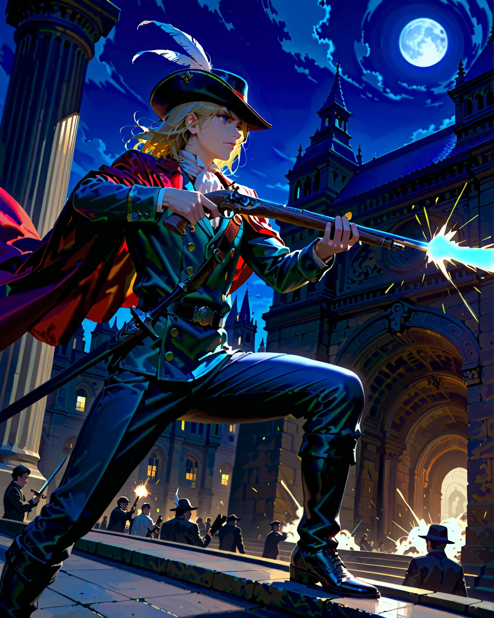 masterpiece, highest quality, 8k, solo, solo focus, highly detailed, (perfect face:1.1), 1boy, mature man, male focus, solo, solo focus, male focus, dynamic action pose, handsome french male, musketeer, gentleman, holding weapon, cybernetic limbs, holding and aiming a flintlock pistol with one hand, muzzle flash, blonde hair, medium hair, hair down, blue eyes, (wearing edgmousquetaire, hat, feather on hat) fencing sword, sheath, looking away, modern paris, night, outdoors, rooftop, ledge, arc de triomphe, full moon