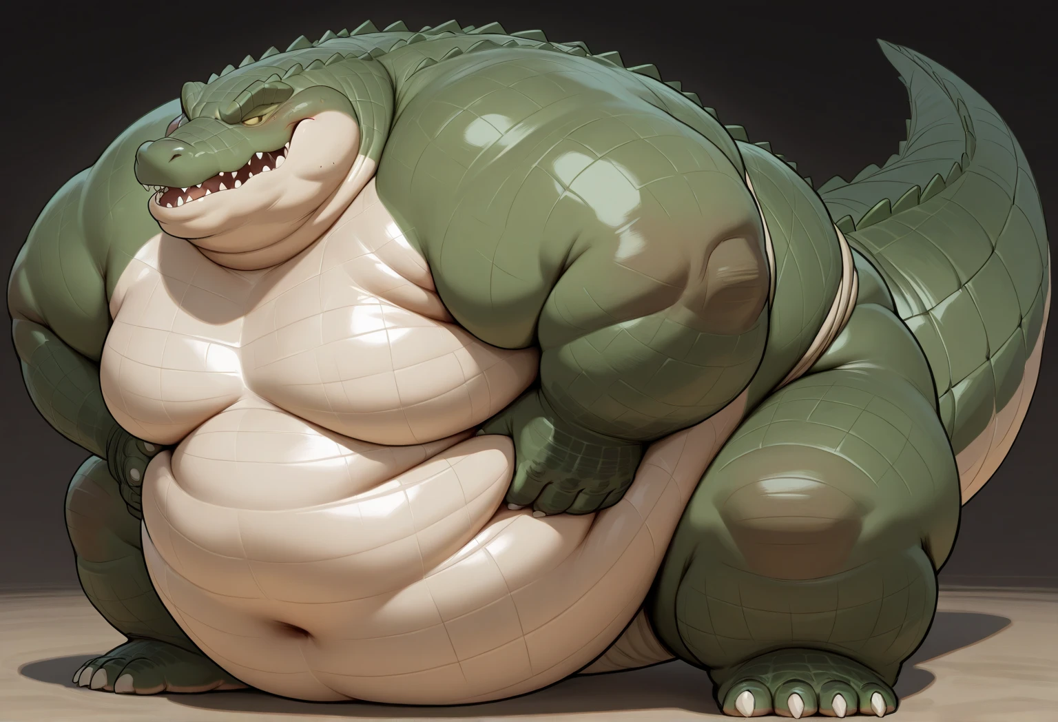 Very obese grey crocodile、Crocodile lying sideways、Sitting on the toilet pose、Grey Scales、Scales all over the body、Very long armpit hair、Lots of belly hair、Bushy chest hair、Very short legs、Screaming facial expression、Roaring crocodile face、Backward body、Reptile Eyes、Longitudinal pupils、A body covered with a lot of fat、Abnormally obese head、A lot of fat on the neck、A belly so obese it covers the ground、Fat gap、Abdomen swollen enough to touch the ground、A huge, mountain-like swollen abdomen、Abnormally fat arms、Overweight and flabby legs、A body that seems to be crushed by a huge abdomen、A body that fills the screen、Rubble background、