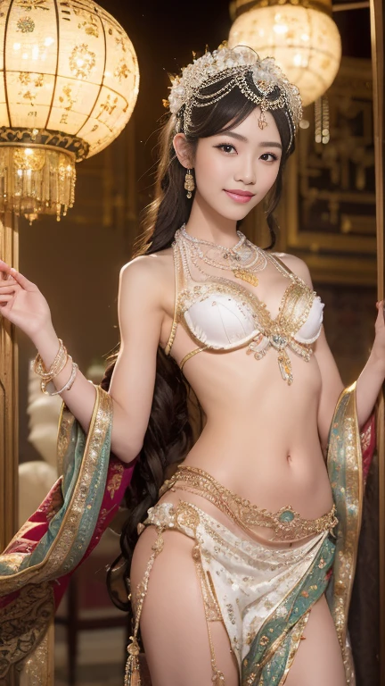 Best Quality, Ultra High Resolution, Masterpiece, Photo Realistic: 1.8, Pore, Precision, bed room, Ruins, Arabian Nights, Dancer, Belly Dance, Pale Light, Young Woman, Advent, Venus, Venus, Naked, small Breasts, Femininity, Detailed Description, 23 Years Old, Smile, Cute, Detailed, Delicate, Go Commando,