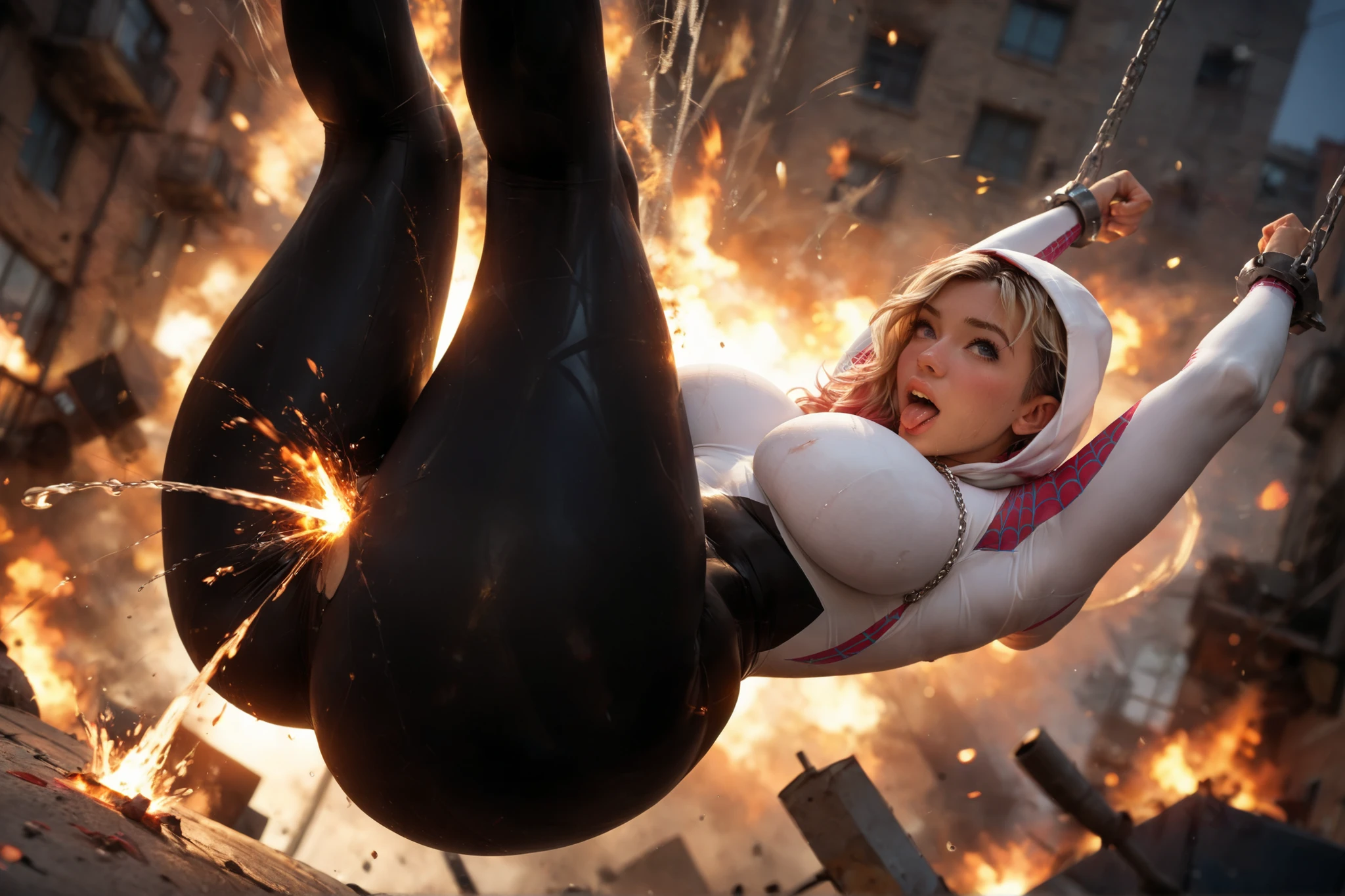 Spider-gwen swinging on web, spinning a web between floating Barbed iron chains., beautiful face, ahegao face, baby face, wearing Spider Gwen suit, big breasts, overload breasts, gigantic size breasts, wearing spider gwen suit and yoga pants, tight and thin leggings, big round buttocks, bondage, bond legs up, beautiful legs, legs up, raise legs, thick legs, showing her butts, open legs, vaginal missile on cameltoe, splash Sparking fire , spininning flaying on air dirty and wet, (side Down angle view), flying on sir with Barbed iron chain, lying on wall, On the wall of a ruftop building, hanging upwards, explosion, burn, torture, sadistic, full of torture devices, tucking in at night,