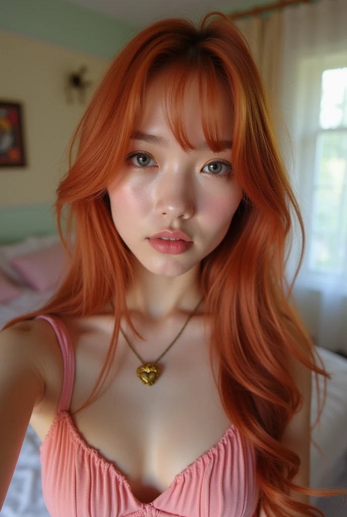 there is a woman with red hair posing for a picture, pale-skinned persian girl, she has long redorange hair, she has long orange brown hair, 18 years old, pale fair skin!!, she has red hair, 19-year-old girl, pale red, with red hair and green eyes, redhead girl, red cheeks, leaked image
