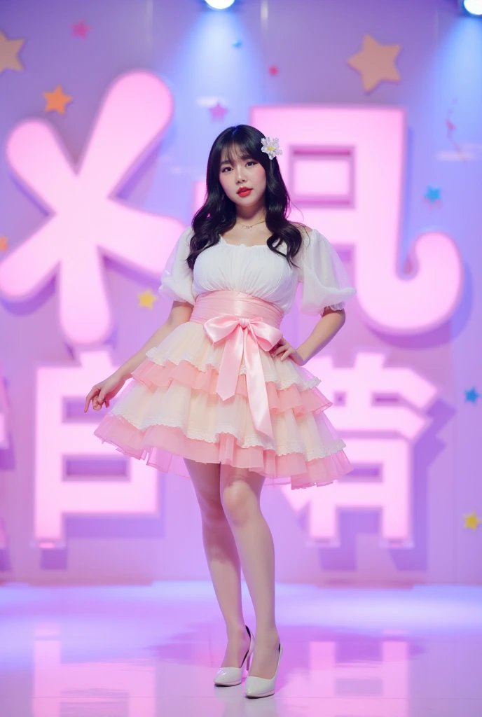 A girls in her 20s appears on stage in a Pink dress and high heels,{Double Eyes},miniskirt, Juicy legs, korean female fashion model, Model pose, Sexy pose, Japanese Model, Model pose, Wearing a dress, Sexy look, Height: 165cm, Sexy Dress, Perform on stage