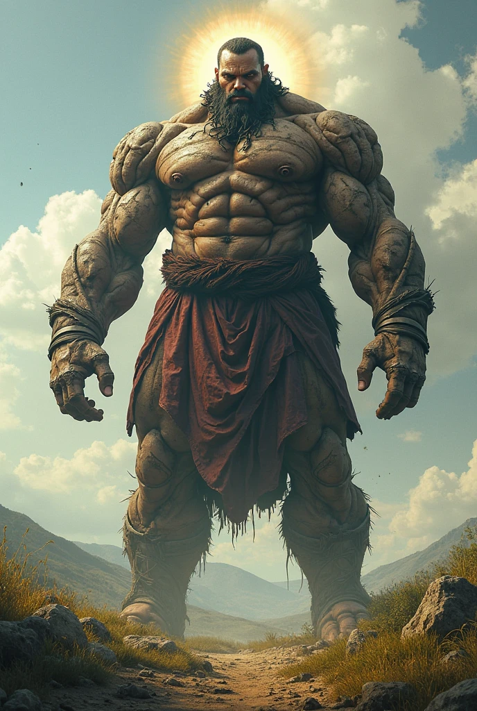A Photograph of a towering giant dwarfing a man, set against a moody, dramatic sky. The detailed, realistic image captures the man's awe-struck expression as he gazes up, emphasizing the vast scale and raw power of the giant. The color palette plays with deep shadows and warm ochre tones, adding an air of mystery and intensity to the scene.